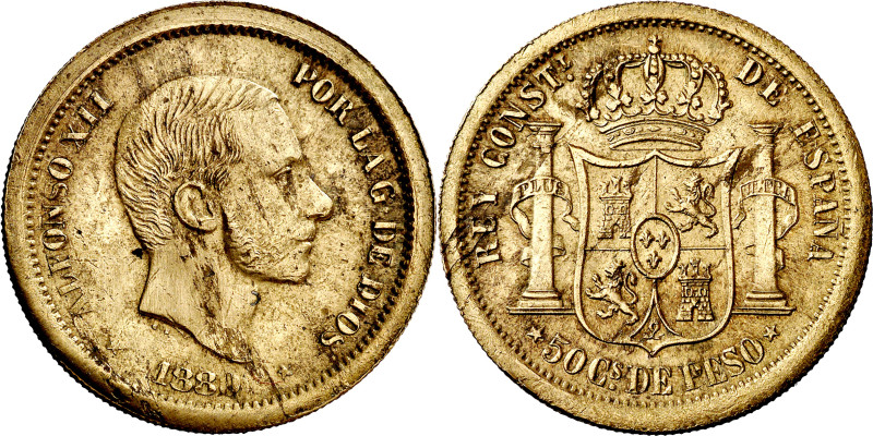 1880. Alfonso XII. Manila. 50 centavos. (AC. 165). Prueba en latón realizada baj...