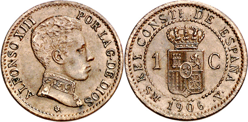 1906*6. Alfonso XIII. SMV. 1 céntimo. (AC. 1). Rara. 1,03 g. EBC-.