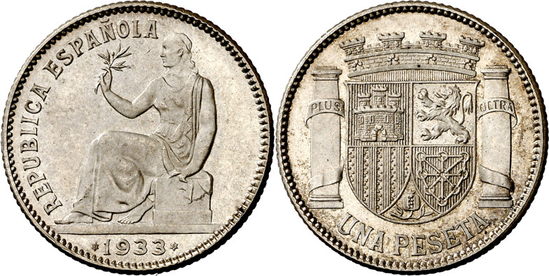 1933*34. II República. 1 peseta. (AC. 35). Reverso girado 90º. Bella. Rara así. ...