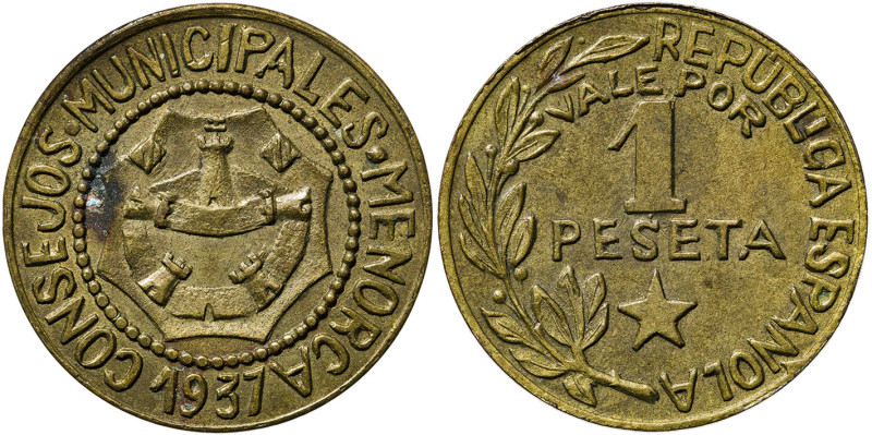 1937. Menorca (Baleares). 1 peseta. (AC. 23). Manchita. 3,22 g. (EBC-).