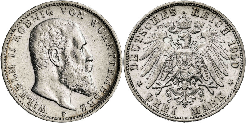 Alemania. Württemberg. 1910. Guillermo II. F (Freudenstadt). 3 marcos. (KM. 635)...