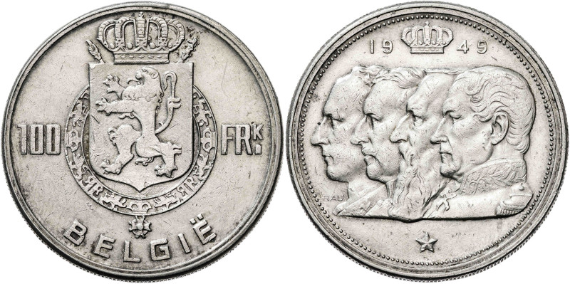 Bélgica. 1949. Leopoldo III. 100 francos. (KM. 138.1). AG. 18,08 g. MBC.