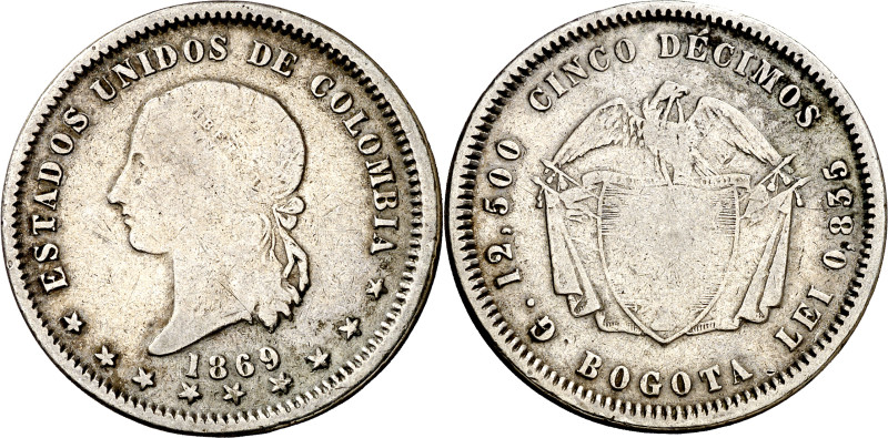 Colombia. 1869. 5 décimos. (KM. 153.1). AG. 12,15 g. MBC-.