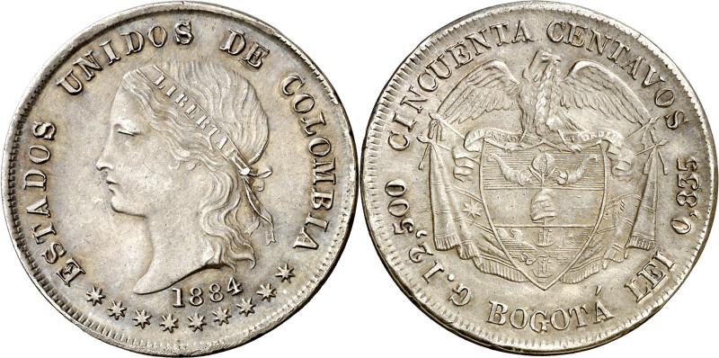 Colombia. 1884. 50 centavos. (KM. 161.1). AG. 12,46 g. EBC-.