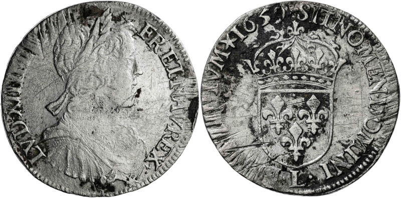 Francia. 1659. Luis XIV. Bayona. 1/2 écu. (KM. 164.12) (Gadoury 169). Rayas. AG....