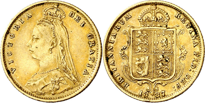 Gran Bretaña. 1887. Victoria. 1/2 libra, (Fr. 393) (KM. 766). Tipo "escudo". AU....