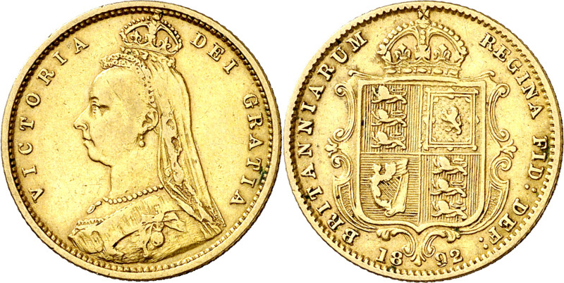 Gran Bretaña. 1892. Victoria. 1/2 libra. (Fr. 393) (KM. 766). Tipo "escudo". AU....