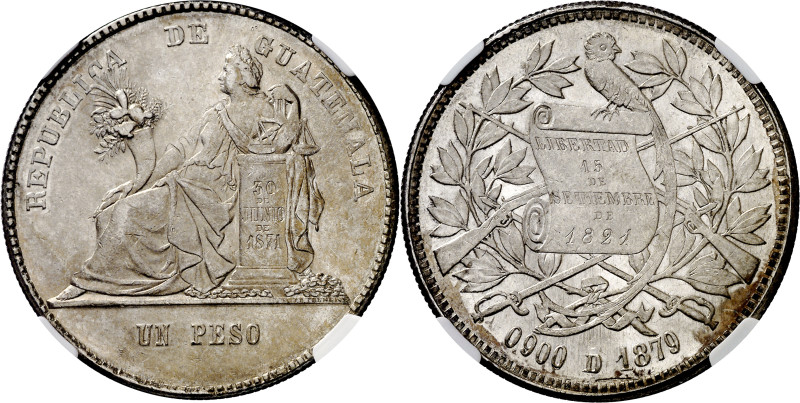 Guatemala. 1879. 1 peso. (KM. 201). En cápsula de la NGC como AU58, nº 6613608-0...