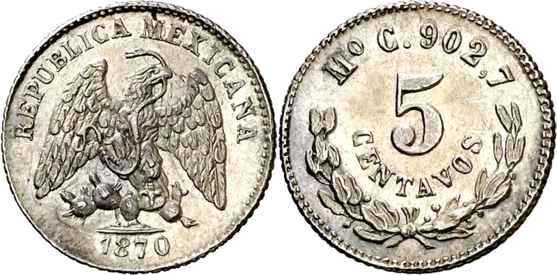 México. 1870. México. C. 5 centavos. (KM. 398.7). AG. 1,36 g. S/C-.