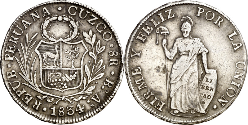 Perú. 1834. Cuzco. Bº-Ar. 8 reales. (KM. 142.4). AG. 26,97 g. MBC+.