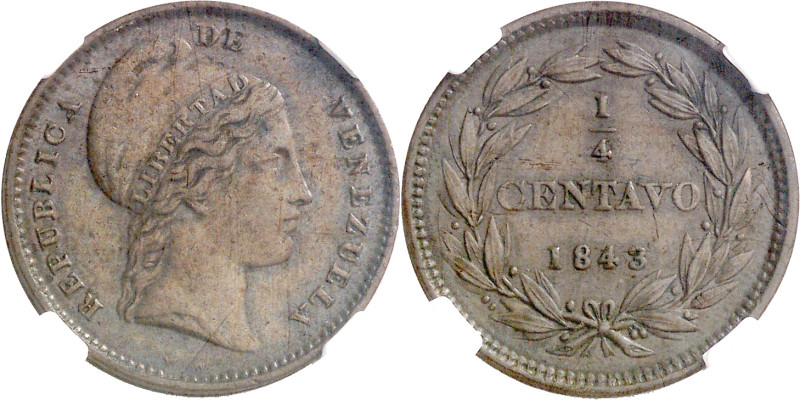 Venezuela. 1843. 1/4 de centavo. (KM. 1). En cápsula de la NGC como AU55BN, nº 2...