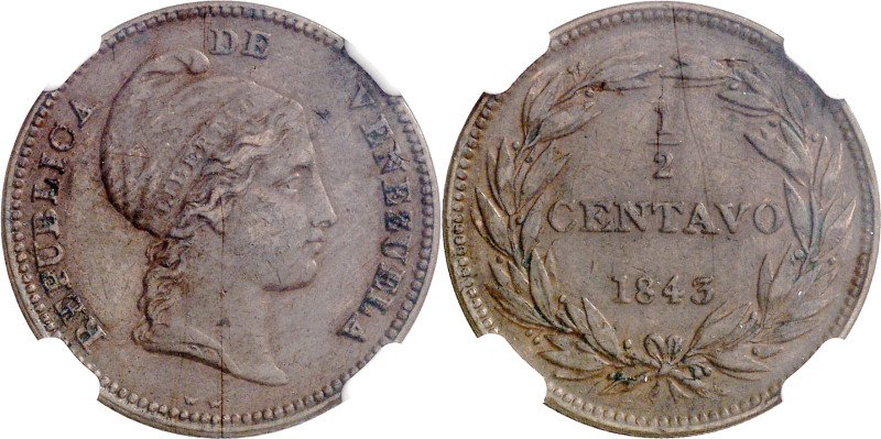 Venezuela. 1843. 1/2 centavo. (KM. 2). En cápsula de la NGC como VF35BN, nº 2809...