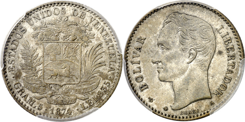 Venezuela. 1874. A (París). 20 centavos. (KM. 14). En cápsula de la PCGS como AU...