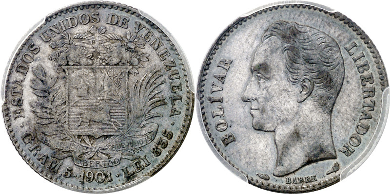 Venezuela. 1901. 1 bolívar. (KM. 22). En cápsula de la PCGS como XF45, nº 941148...