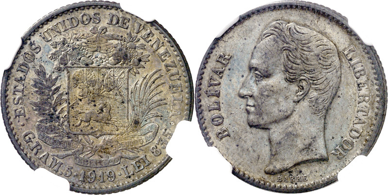 Venezuela. 1919. 1 bolívar. (KM. 22). En cápsula de la NGC como AU55, nº 4377742...