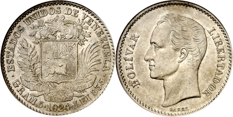 Venezuela. 1924. 1 bolívar. (KM. 22). En cápsula de la NGC como AU55, nº 1820323...