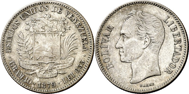 Venezuela. 1879. 2 bolívares. (KM. 23). Escasa. AG. 9,91 g. MBC+/MBC.