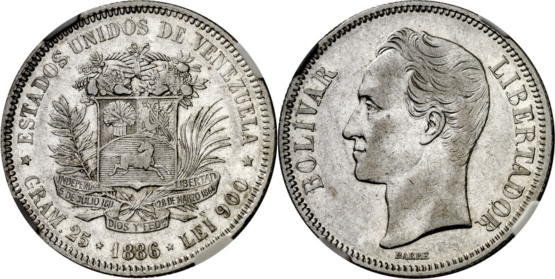 Venezuela. 1886. 5 bolívares. (KM. 24.1). En cápsula de la NGC como XF45, nº 425...