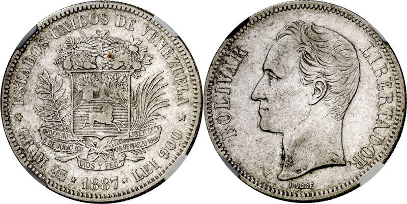 Venezuela. 1887. 5 bolivares. (KM. 24.1). En cápsula de la NGC como XF45, nº 418...