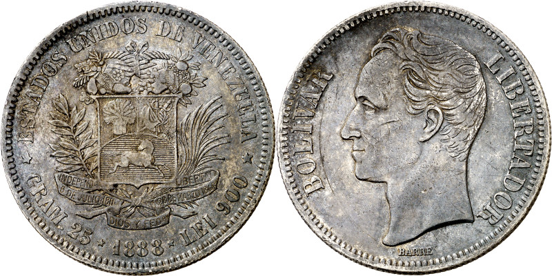 Venezuela. 1888. 5 bolívares. (KM. 24.1). Escasa. AG. 24,83 g. MBC.