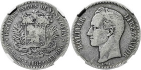 Venezuela. 1889. 5 bolívares. (KM. 24.1). En cápsula de la NGC como F12, nº 2809601-006. Ex Colección Granito. AG. BC+.