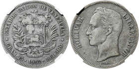 Venezuela. 1902. 5 bolívares. (KM. 24.2). En cápsula de la NGC como VF25, nº 2809601-004. Ex Colección Granito. AG. MBC-.