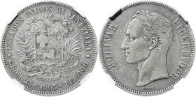 Venezuela. 1903. 5 bolívares. (KM. 24.2). En cápsula de la NGC como VF35, nº 2791251-006. AG. MBC.