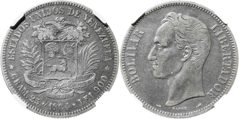 Venezuela. 1904. 5 bolivares. (KM. 24.2). En cápsula de la NGC como VF Details S...