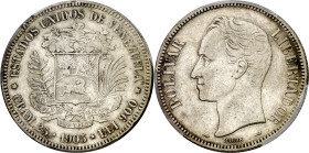 Venezuela. 1905. 5 bolívares. (KM. 24.2). En cápsula de la PCGS como XF40, nº 941261.40/83109463. AG. MBC+/MBC.