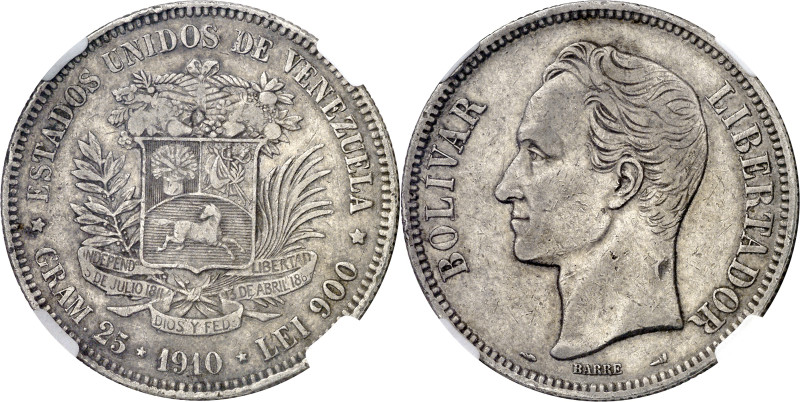 Venezuela. 1910. 5 bolívares. (KM. 24.2). En cápsula de la NGC como XF45, nº 437...