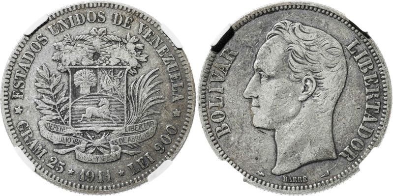 Venezuela. 1911. 5 bolívares. (KM. 24.2). En cápsula de la NGC como VF30, nº 392...