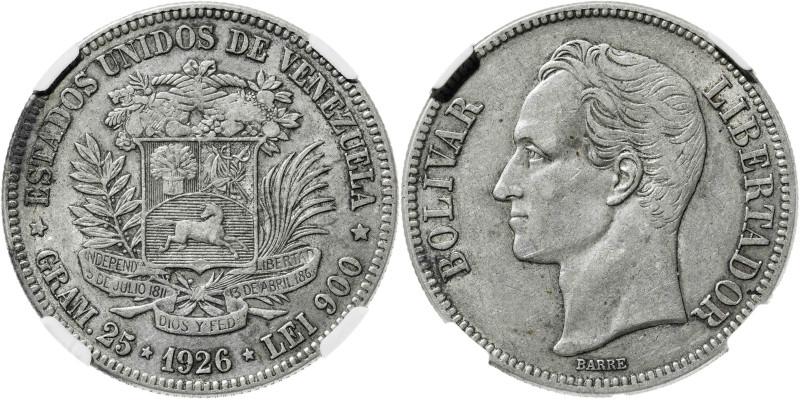 Venezuela. 1926. 5 bolívares. (KM. 24.2). En cápsula de la NGC como XF45, nº 423...