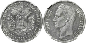 Venezuela. 1929. 5 bolívares. (KM. 24.2). En cápsula de la NGC como AU50, nº 2809601-021. Ex Colección Granito. AG. EBC-/EBC.