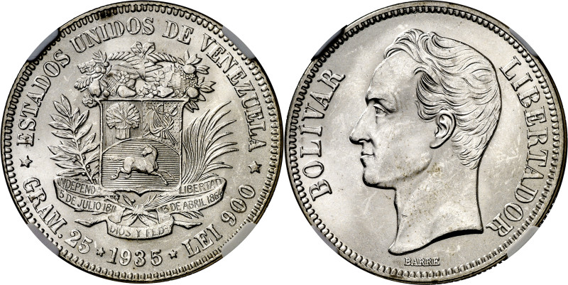 Venezuela. 1935. 5 bolívares. (KM. 24.2). En cápsula de la NGC como MS63, nº 279...