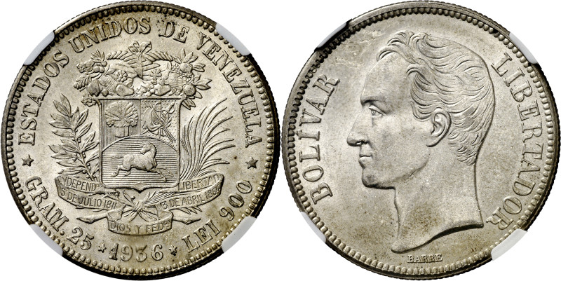 Venezuela. 1936. 5 bolívares. (KM. 24.2). En cápsula de la NGC como MS63, nº 279...