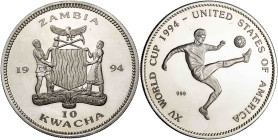 Zambia. 1994. 10 kwacha. (KM. 39). Mundial de Fútbol - Estados Unidos '94. AG. 22,43 g. Proof.