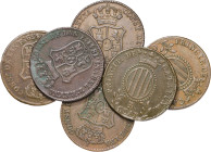 1837 a 1846. Isabel II. Barcelona. Lote de 6 monedas distintas de 3 cuartos. BC+/MBC+.