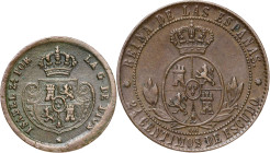 1853 y 1868. Isabel II. Barcelona y segovia. 2 1/2 céntimos de escudo y 1 décima de real. Lote de 2 monedas. MBC.