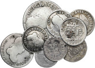 Guatemala, Lima, Madrid, México y Potosí. 1/2 (siete), 1 y 2 reales. Lote de 8 monedas, tres con perforación. BC-/BC.