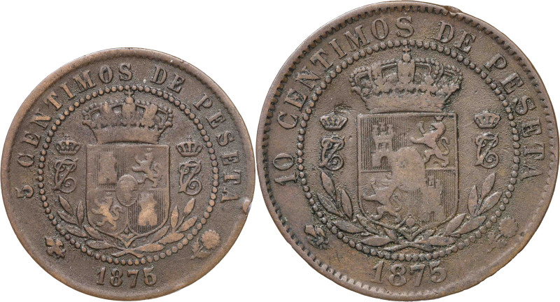 1875. Carlos VII, Pretendiente. Oñate. 5 y 10 céntimos. Lote de 2 monedas. MBC-....