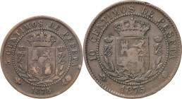 1875. Carlos VII, Pretendiente. Oñate. 5 y 10 céntimos. Lote de 2 monedas. MBC-.