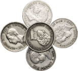 1892 a 1926. Alfonso XIII. 50 céntimos. Lote de 5 monedas diferentes. A exeminar. BC-/MBC+.