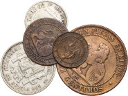1869 y 1870. Gobierno Provisional. 1, 2, 10, 50 céntimos y 1 peseta. 4 monedas. BC-/MBC.