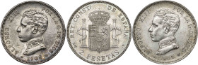 1905*1905. Alfonso XIII. SMV. 2 pesetas. Lote de 3 monedas. A examinar. MBC/EBC-.