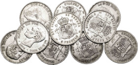 1875 a 1899. Alfonso XII y XIII. 5 pesetas. Lote de 10 monedas, todas con fechas distintas. A examinar. BC/BC+.