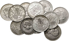 1870 a 1898. 5 pesetas. Lote de 12 monedas, todas diferentes. A examinar. BC/MBC-.