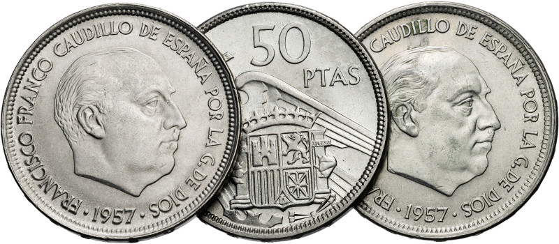 1957*58. Franco. 50 pesetas. Lote de 3 monedas. A examinar. EBC-/EBC.