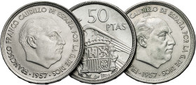 1957*58. Franco. 50 pesetas. Lote de 3 monedas. A examinar. EBC-/EBC.