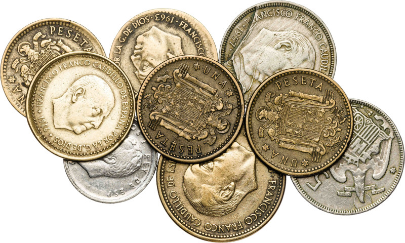 Franco y Juan Carlos I. 1 (cinco), 2,50, 5 (dos) y 10 pesetas. Lote de 9 monedas...