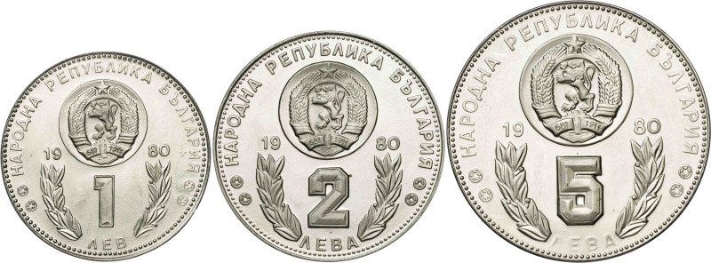 Bulgaria. 1980. 1, 2 y 5 leva. Mundial de Fútbol - España '82. Lote de 3 monedas...